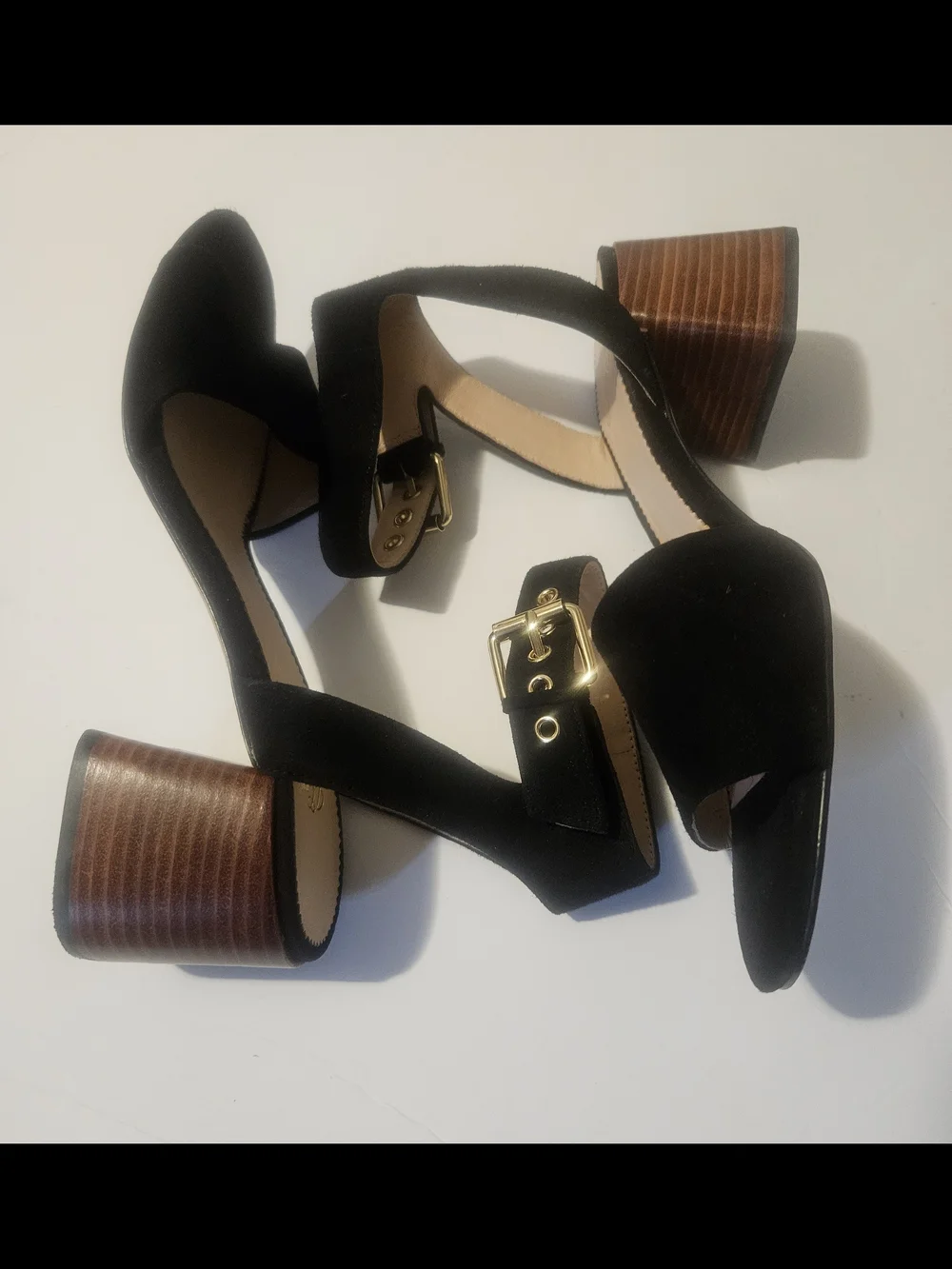 J. Crew Black Block Heel Sandals with Gold Buckle, size 7.5